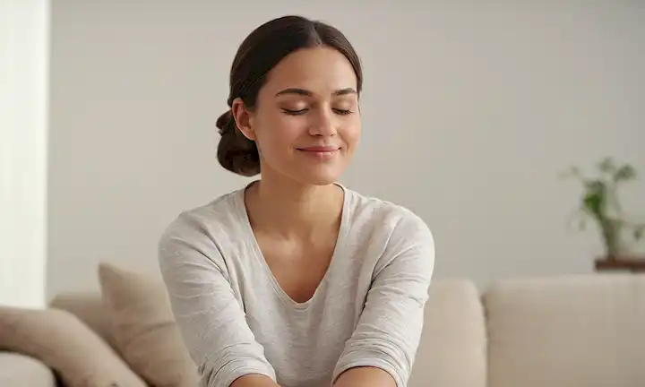 Una persona en una pose relajada en un fondo blanco, una sonrisa suave, ojos cerrados, manos en las rodillas, enfoque suave, colores calmantes, un ambiente relajante, iluminación sutil, texturas naturales