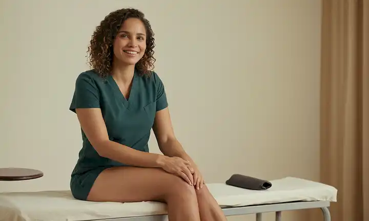 Aquí hay una línea de frases cortas que describen lo que la imagen de la cubierta podría representar: Mujer sentada en la mesa de examen, manos agarrando pelvis, terapeutas de la espalda baja, suave sonrisa, ambiente tranquilo, iluminación sutil, ambiente tranquilo, colores cómodos, tonos cálidos