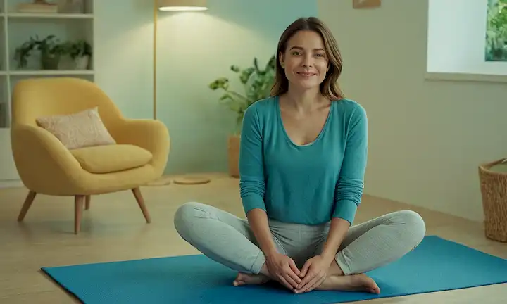 Aquí hay una descripción posible: Una mujer sentada cómodamente en una estera con patas dobladas y separadas, sus manos colocadas en las rodillas, y una sutil sonrisa en la cara, rodeada de colores calmantes como azul o verde, con iluminación suave que destaca el área pélvica