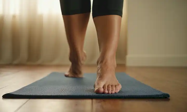 Una persona que realiza un ejercicio en una estera de piso, con sus pies juntos y las manos apretadas detrás de su cabeza, en una pose controlada con músculos atractivos, rodeado de un fondo borroso para llamar la atención al intérprete, con iluminación suave para transmitir relajación y enfoque