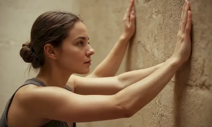 Una mujer en una posición de cuclillas, las manos que se sostienen en una pared, expresión facial relajada, fondo borroso, enfoque suave, iluminación suave, sombras sutiles, colores mudos, no elementos de distracción, ambiente sereno
