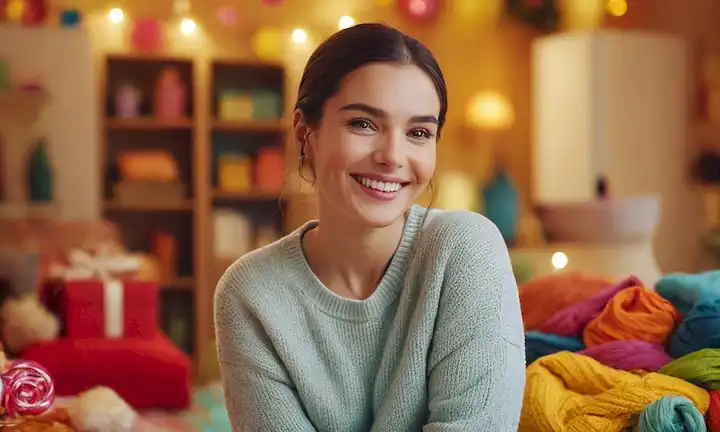 Una persona sonriente rodeada de productos coloridos, un fondo cálido y acogedor, colores vibrantes, ambiente festivo, ofertas especiales icono, un sentido de emoción y urgencia