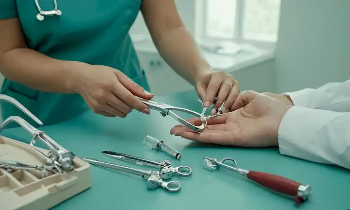 Aquí están algunas frases que describen la imagen de la cubierta: Las manos de ginecólogos femeninos que sostienen un espectro, rodeado de herramientas quirúrgicas y equipos médicos, se colocan en un fondo calmante con sutiles tonos hospitalarios, con un enfoque minimalista para transmitir profesionalismo
