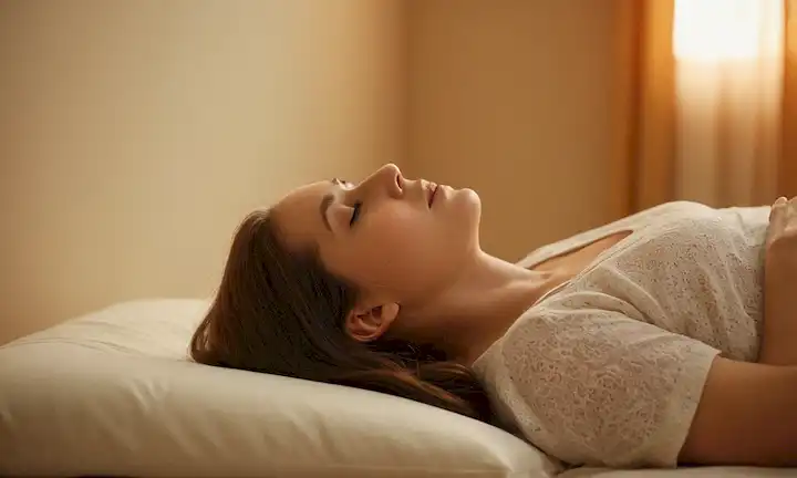 He aquí una posible respuesta: Una mujer serena acostada en su espalda, iluminación suave, sombras sutiles, enfoque suave en su cara, colores cálidos, curvas suaves, intimidad, vulnerabilidad, cuidado, equipo médico en el fondo, un sentido de seguridad