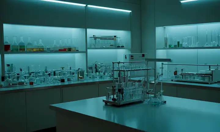 Aquí hay una línea de frases cortas que describen lo que la imagen de la cubierta podría representar: Laboratorios, científicos, tubos de ensayo, platos petri, microscopios, calzoncillos, equipos de investigación, fondo futurista, símbolos médicos, estructuras moleculares, maquinaria farmacéutica, instalaciones modernas, entorno estéril, descubrimiento, innovación, precisión