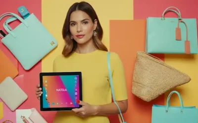 Una persona que tiene una tableta con una bolsa de compras a mano