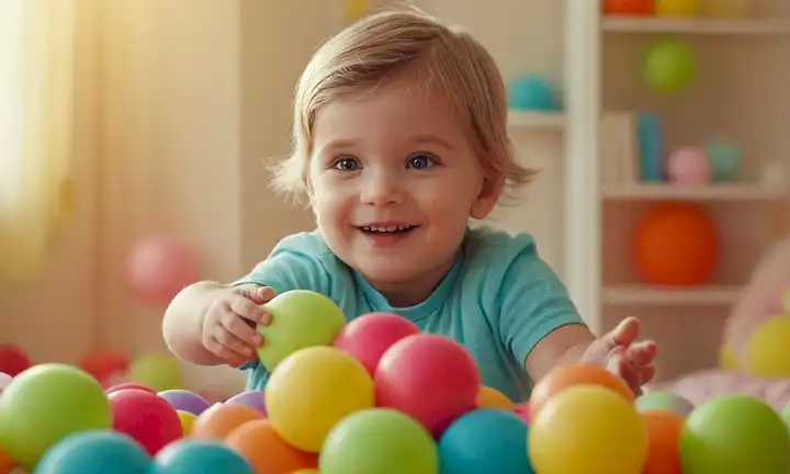 Colores vibrantes, formas circulares, juguetes juguetonos, niños alegres, bolas de mano, caras sonrientes, fondo soleado, diseños caprichosos, iluminación suave, enfoque suave