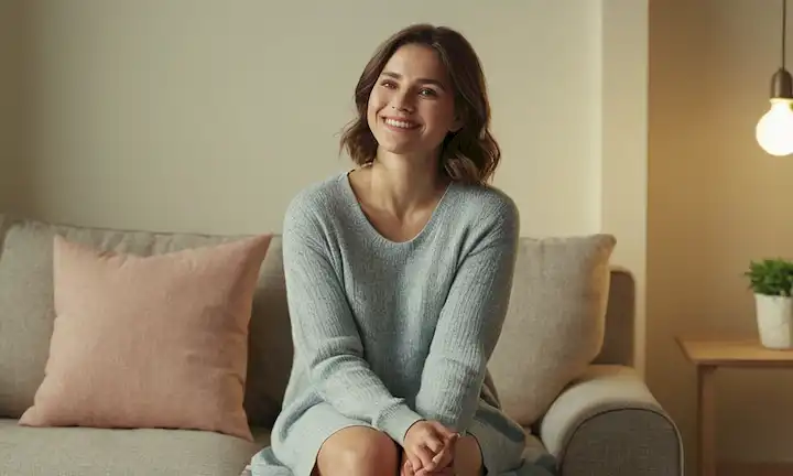 Aquí hay una línea de frases cortas en inglés que describen lo que la imagen de la portada debe describir: Mujer con figura pequeña, con ropa cómoda, de pie o sentado cómodamente, sonriendo suavemente, postura relajada, sutiles gestos suaves, iluminación suave, colores mudos, patrones delicados