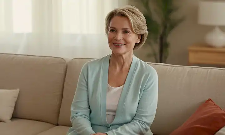 He aquí una posible respuesta: Mujer en sus 50 años con una postura relajada