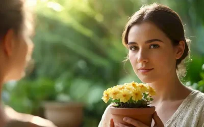 Unas suaves manos que anhelan una olla de flores floreciendo