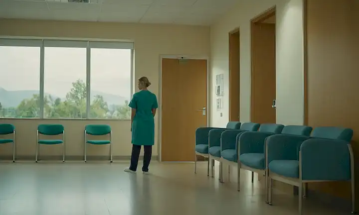 Una persona sentada en una silla de la sala de espera