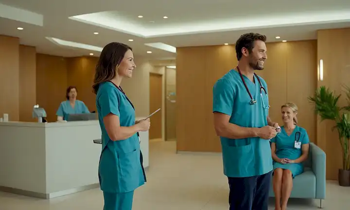 Un moderno edificio hospitalario con una fachada elegante, una sala de espera serena, una enfermera que examina a un paciente, un médico en escrúpulos que sostiene un estetoscopio, una cómoda zona de consulta con sofás, un recepcionista sonriente en una recepción, luz natural que vierte por ventanas