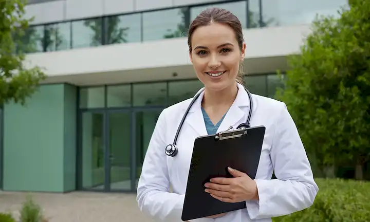 He aquí una respuesta: Un profesional médico sonriente en un abrigo blanco, usando una expresión amistosa, de pie frente a un moderno edificio de clínicas con un entorno verde, sosteniendo un estetoscopio o un portapapeles, rodeado de colores calmados y relajantes