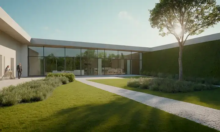 Aquí hay una descripción posible: Un moderno edificio de clínicas con un sutil elemento de diseño inspirado en Coruña, un sereno patio verde delantero, algunas personas entrando/exiting el edificio, la cálida luz del sol arrojando sombras suaves, un sutil sentido de profesionalidad y ambiente tranquilo