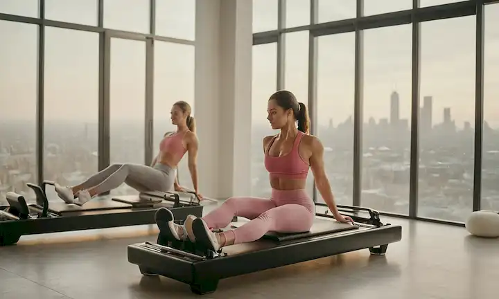 Una mujer en sus 30 años con un físico tonificado, usando un sujetador deportivo rosa y leggings, practicando Pilates en una máquina de reformador en un amplio estudio, rodeado de espejos y luz natural que vierte a través de ventanas de suelo a techo, con un esquema de color gris y blanco minimalista, y un paisaje urbano sutil visible a través de las ventanas