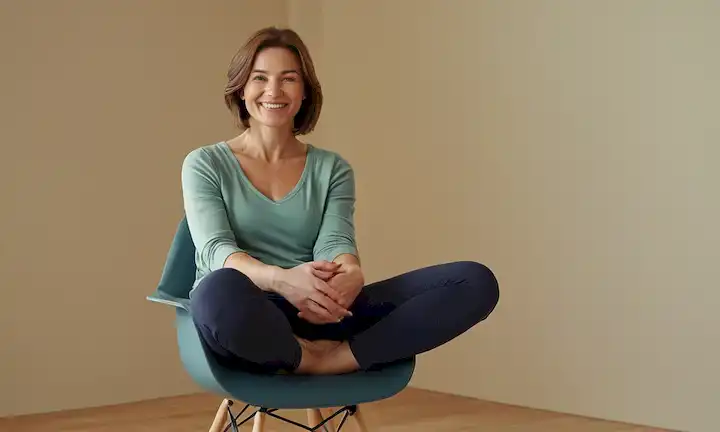 Mujer sentada en una silla, piernas separadas, manos sujetas a los apoyabrazos, suave sonrisa, expresión calmada, movimiento sutil de los músculos del suelo pélvico, leve estiramiento de los músculos abdominales, enfocarse en el área de perineo