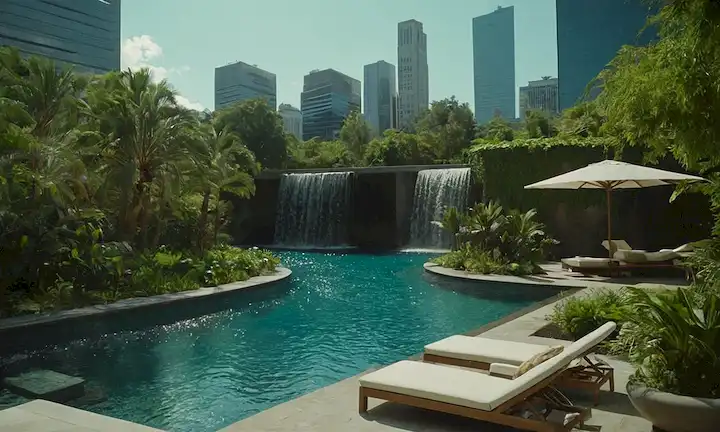 Una tranquila escena de la piscina con gente que duerme, un sereno paisaje urbano en el fondo, una suave característica de cascada, áreas para tomar el sol, vegetació<center width=