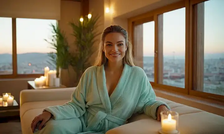 Una mujer que se relaja en un sofá en un moderno spa, rodeado de velas y plantas, con una suave sonrisa en su cara, con una cómoda bata, sentada cerca de una ventana con vistas al paisaje urbano, posiblemente en los tejados de Barcelona, con luz natural que se derrama, y un enfoque suave