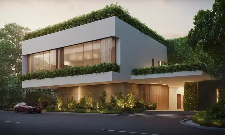 Un moderno edificio de clínicas con un diseño elegante, rodeado de vegetación exuberante, situado en un bullicioso paisaje urbano, con una entrada prominente, iluminación cálida y ornamentación mínima