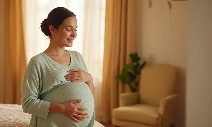 Aquí hay una descripción posible: Una suave mano de mujeres que anhelaban su vientre embarazada, una habitación cálida y acogedora en el fondo, suave luz solar filtrando a través de cortinas, una sonrisa tranquilizadora en su cara, un sentido de calma y serenidad que la rodea, un sutil toque de nueva vida emergente