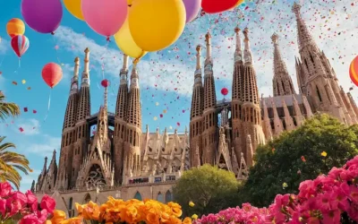 Una ilustración brillante y colorida de un paisaje español