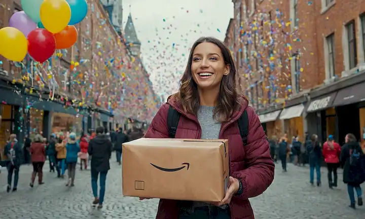 Aquí hay una descripción de lo que la imagen de la cubierta podría representar: Un cliente feliz sosteniendo un paquete de Amazon, rodeado de coloridos globos y confeti, con una gran sonrisa en su cara, de pie en frente de una calle de la ciudad con edificios icónicos, con un traje cómodo, con una taza de café en la mano