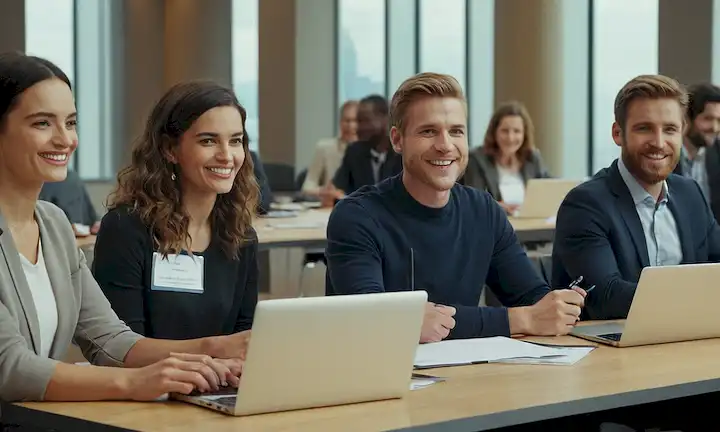 Un grupo de personas sonrientes se reunieron alrededor de una mesa, rodeada de portátiles y bolígrafos, con un paisaje urbano o sala de conferencias en el fondo, usando etiquetas de nombre y certificados de tenencia, transmitiendo un sentido de logro y comunidad