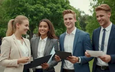 Aquí hay una descripción posible: Un grupo de jóvenes adultos en atuendo de negocios