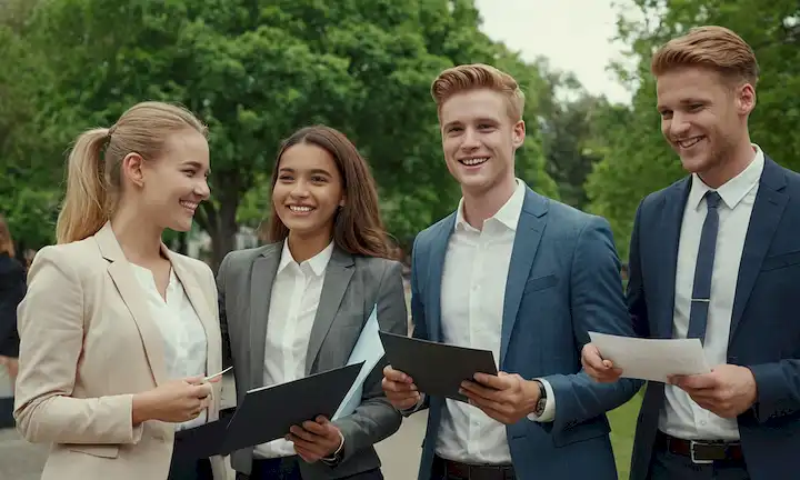 Aquí hay una descripción posible: Un grupo de jóvenes adultos en atuendo de negocios