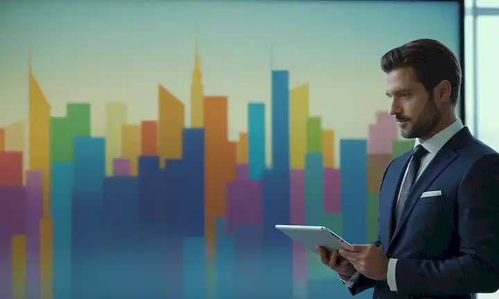 Una persona de pie delante de un gráfico grande o gráfico con muchos colores y formas, sosteniendo un ordenador de tabletas, con un paisaje urbano o paisaje borroso en el fondo, usando un traje y corbata, con una expresión amistosa, rodeado de sutiles momentos y sombras