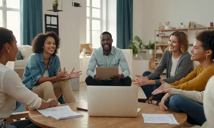 Un grupo de personas sentadas en un círculo, dedicadas a discusiones, con laptops y papeles esparcidos alrededor de ellos; caras sonrientes, manos levantadas para preguntas o respuestas; una diversa gama de edades, género y antecedentes; un sentido de colaboración y trabajo en equipo; una sala brillante, bien iluminada con una imagen de fondo sutil