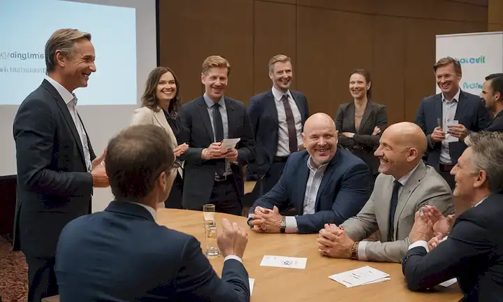 Aquí hay una línea de frases cortas que describen la imagen de la cubierta: Los líderes empresariales, expertos en la industria y profesionales se reunieron alrededor de una mesa, participando en debates animados; oradores de pie en podios, teniendo micrófonos y gesticando; las manos temblando, redes e intercambiando tarjetas de visita; sonrisas, risas y guiones que transmiten camaradería