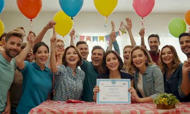 He aquí una posible respuesta: Un grupo de personas se reunieron alrededor de una mesa, las manos levantadas en la celebración, sujetando certificados y sonriendo, con un telón de fondo de coloridas banderas, globos y una bandera gigante