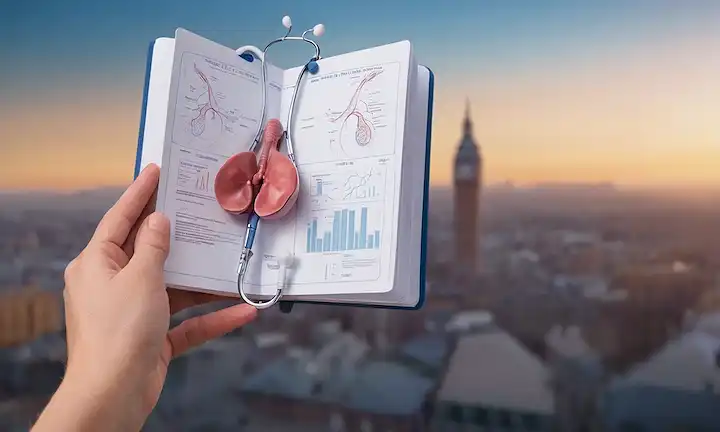 Aquí hay una línea de frases cortas que describen lo que la imagen de la cubierta podría representar: Un modelo 3D del útero y la vejiga, con prolapso visualizado, un médico sostiene un estetoscopio, un gráfico médico en el fondo, un paisaje urbano borroso en la distancia, una sombra débil de una persona acostada