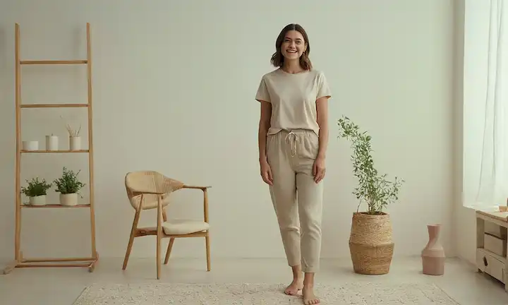 Aquí hay algunas descripciones posibles para una imagen de cubierta: Una mujer de pie vertical con piernas separadas