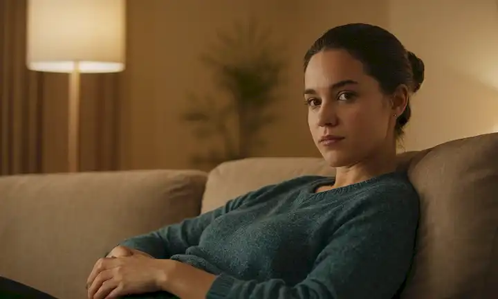 Una toma de cerca de una pelvis de personas, con un fondo borroso, con una mujer o un individuo no binario sentado en un sofá o silla, con una expresión suave y preocupada, rodeado de iluminación sutil y tonos cálidos, que transmite una sensación de incomodidad y vulnerabilidad