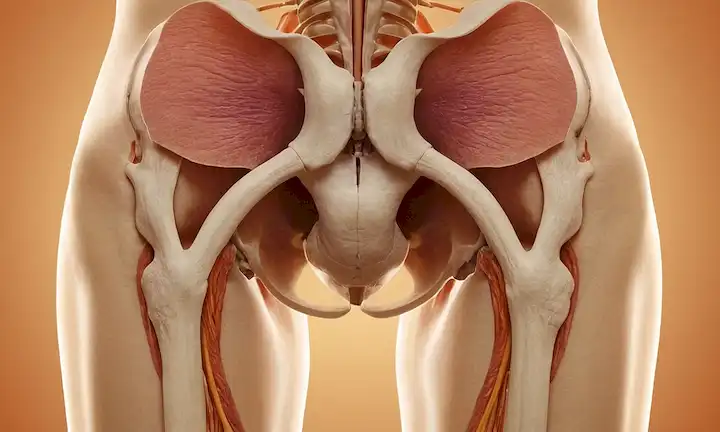 Un cuerpo humano con una línea atrevida cortando a través del área de pelvis