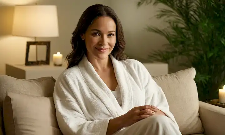 Una mujer en sus 30 años con una suave sonrisa