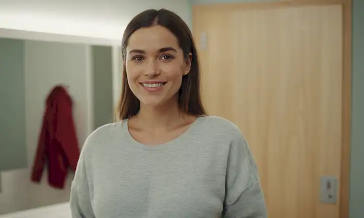 Aquí hay una línea de frases cortas que describen la imagen de la cubierta: Una mujer de pie con una sonrisa segura