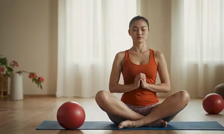Una mujer sentada en una estera con sus piernas separadas