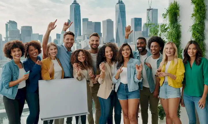 Aquí hay una línea de frases cortas que describen lo que la imagen de la cubierta podría representar: Un grupo de individuos diversos, sonrientes y de alta calidad, de pie frente a un moderno paisaje urbano con vegetación, colaborando alrededor de una pizarra con marcadores coloridos, divirtiéndose y comprometidos, usando traje casual de moda con accesorios de marca de equipo