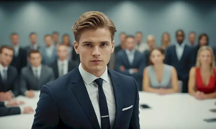 Una persona en una posición central, rodeada de otros, con una expresión confiada, con atuendo formal, contra un fondo de negocios borroso, con un énfasis sutil en el movimiento y la energía, transmitiendo un sentido de colaboración e inspiración