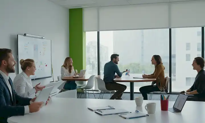 He aquí una respuesta: Un espacio de oficina luminoso y espacioso con una mesa de conferencias moderna, una pizarra con marcadores coloridos, unos pocos empleados riéndose y colaborando, una ventana con luz natural que se derrama, una máquina de café en el fondo, unos portátiles y tabletas dispersos alrededor
