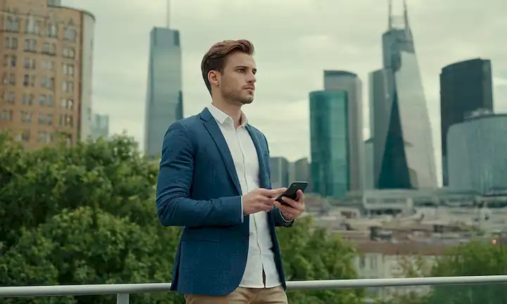 Aquí hay una descripción posible: Un joven profesional con confianza, con ropa de moda, rodeado de gadgets digitales, con un paisaje urbano en el fondo, que transmite crecimiento e innovación