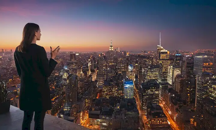 Aquí hay una línea de frases cortas que describen lo que la imagen de la cubierta podría representar: Una persona de pie frente a una multitud, luciendo con confianza, usando un audaz traje, rodeado de un paisaje urbano borroso, con una luz brillante que brilla desde arriba, y un efecto sutil gradiente en el fondo