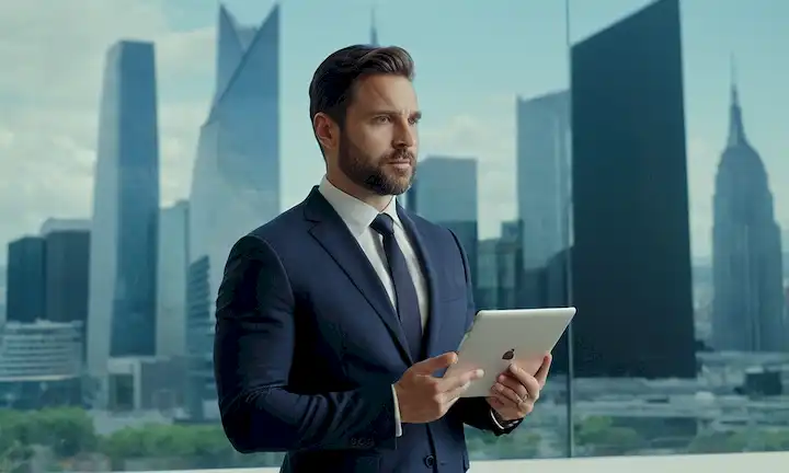 Una persona de pie frente a un fondo de moda con paisaje urbano o un entorno moderno de oficina, con traje de negocios y con una tableta o portátil, con una expresión segura, rodeada de elementos de diseño sutil como flechas o formas geométricas, que transmiten liderazgo e innovación