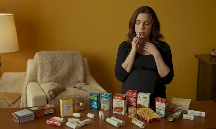 Aquí hay una línea de frases cortas en inglés, separadas por comas: Una mujer embarazada con una expresión reflexiva, rodeada de diversos objetos que simbolizan factores de riesgo como paquetes de cigarrillos, pastillas y alimentos poco saludables, contra un fondo cálido y acogedor, que transmite una sensación de vulnerabilidad y preocupación