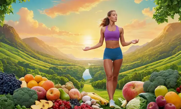 Aquí hay una descripción posible: Una ilustración vibrante y colorida de un microbioma intestinal saludable, con bacterias y probióticos beneficiosos que prosperan entre un exuberante paisaje verde, rodeado de frutas y verduras que representan una dieta equilibrada, con un sutil toque de ejercicio en el fondo, como algunas poses de yoga o un corredor en el horizonte