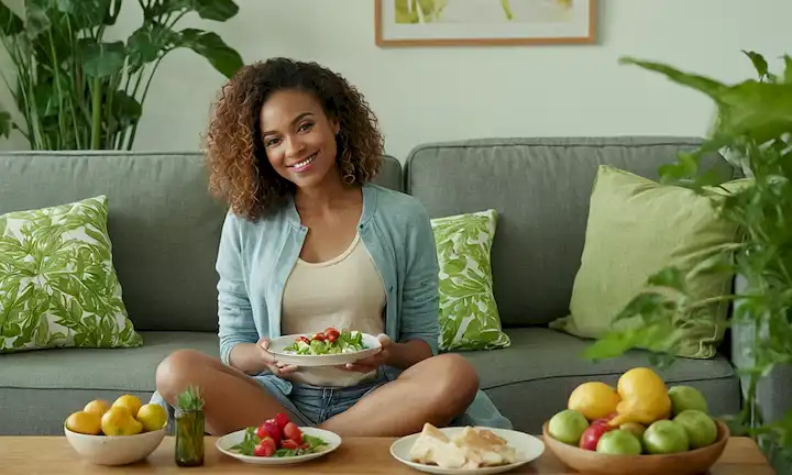 Una mujer sentada cómodamente en un sofá, con sus piernas ligeramente dobladas y los pies plantados firmemente en el suelo, sosteniendo un plato de comida saludable, rodeado de vegetación exuberante, con ropa cómoda y relajada, con una sutil sonrisa en su cara, transmitiendo un sentido de satisfacción y bienestar