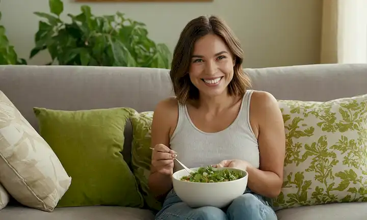 He aquí una línea de frases cortas en inglés que describen lo que la imagen de portada del artículo podría representar: Una mujer sonriente sentada cómodamente en un sofá, rodeada de vegetación exuberante, con un tazón de comida fermentada en su mano, con una sonrisa relajada, y teniendo un área de pelvis saludable